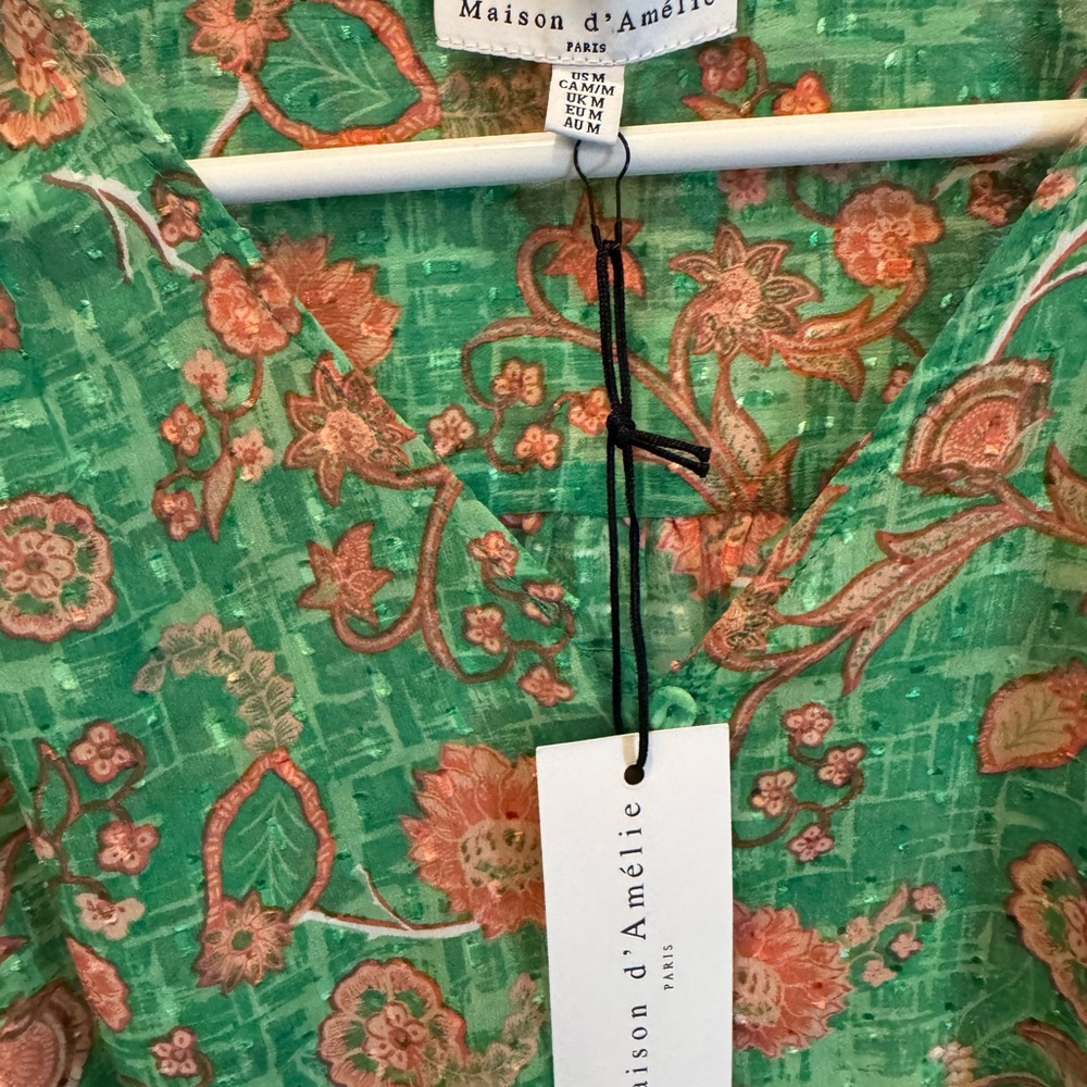 green long sleeve green pink floral blouse office date size med - Picture 7 of 11